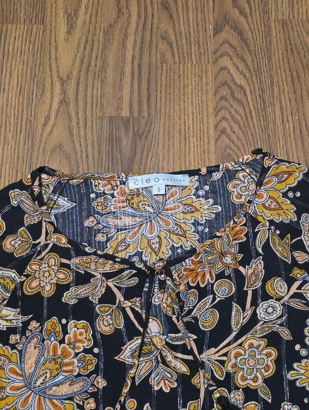 Cleo Petites M Black Gold Floral Boho Peasant Blouse Tassel Tie Long Sleeve Top - Picture 8 of 11